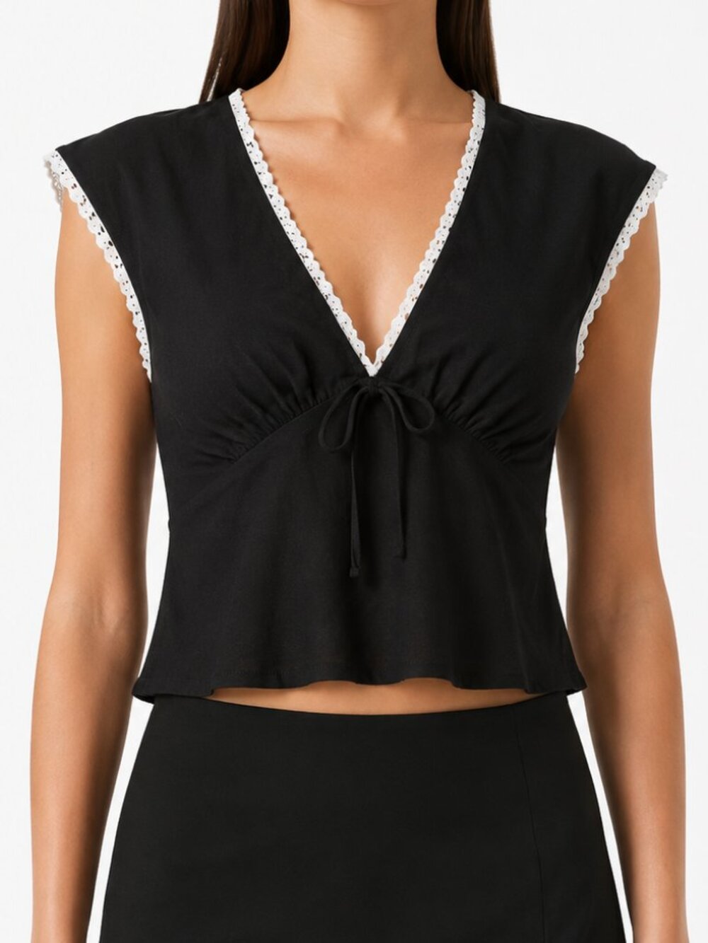 Reformation Black Top with White Lace Trim